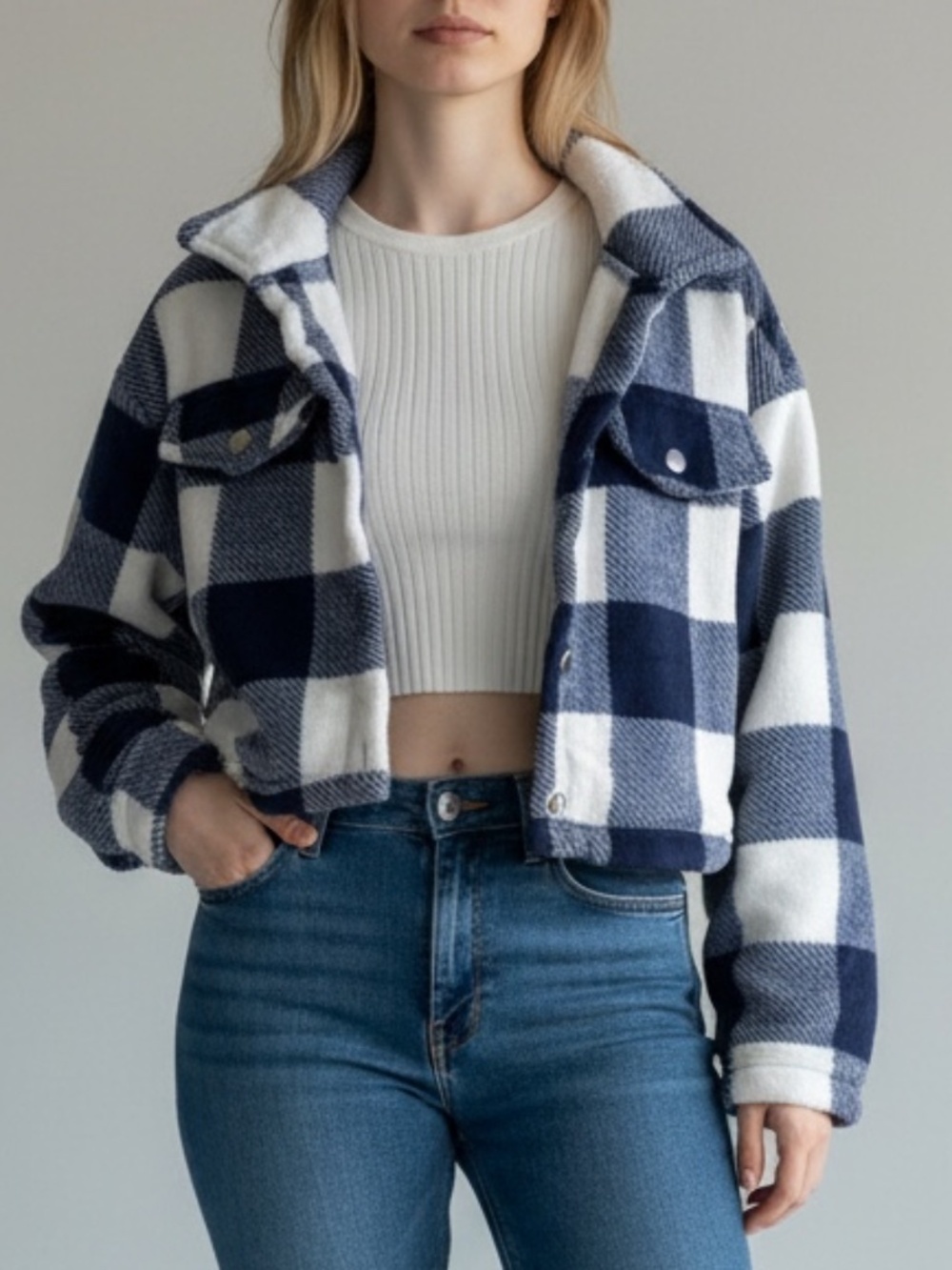 SHEIN Blue & White Buffalo Plaid Fleece Cropped Jacket Shacket Small